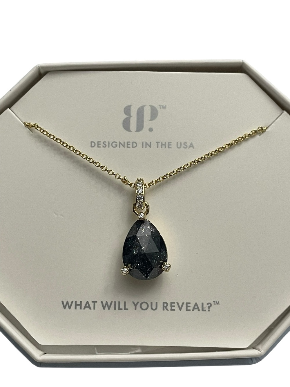 bp Gold-Tone Necklace with Black Teardrop Crystal Pendant